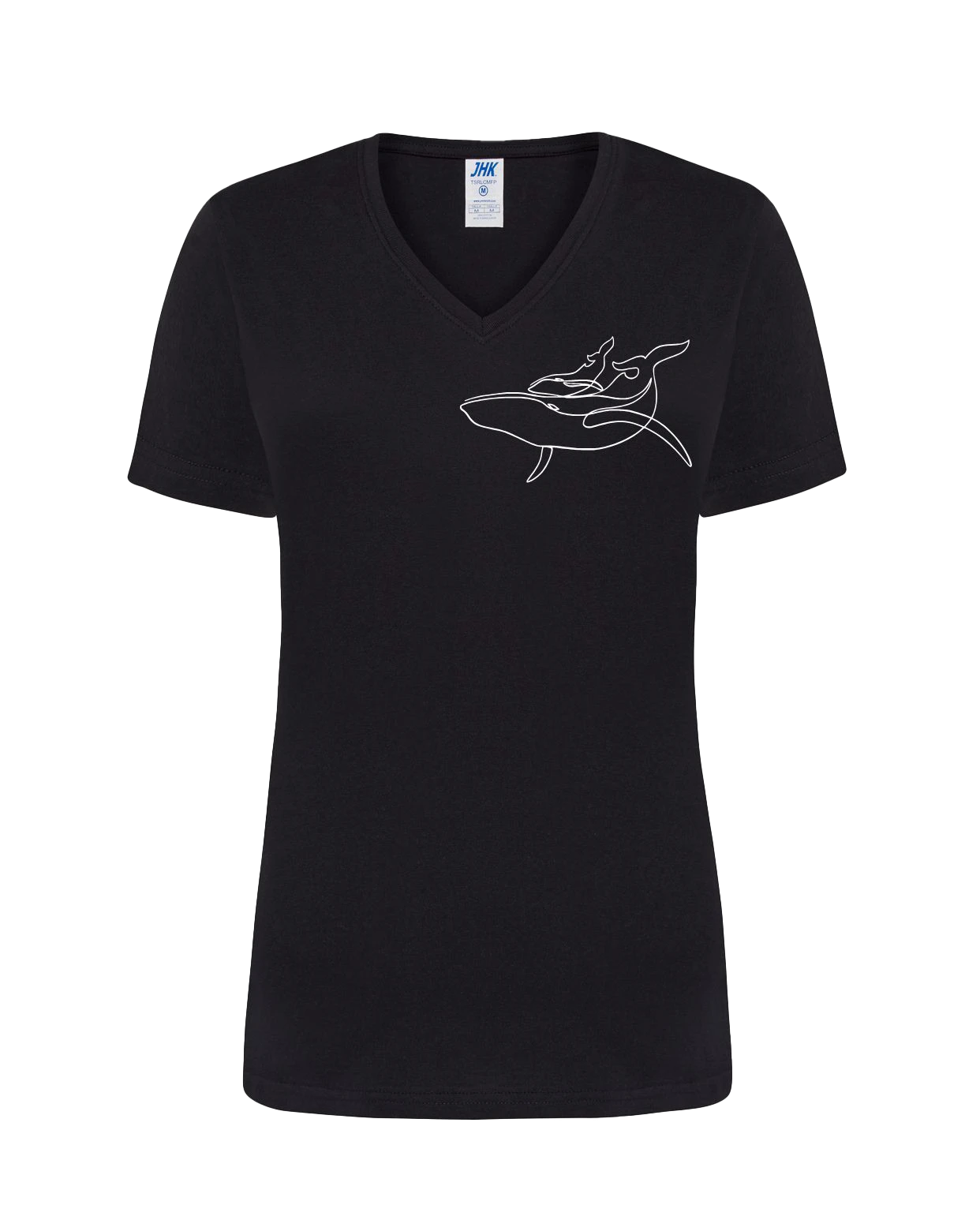 T-shirt femme col V floqué baleine et baleineau 100% coton noir - Ligne de La Réunion