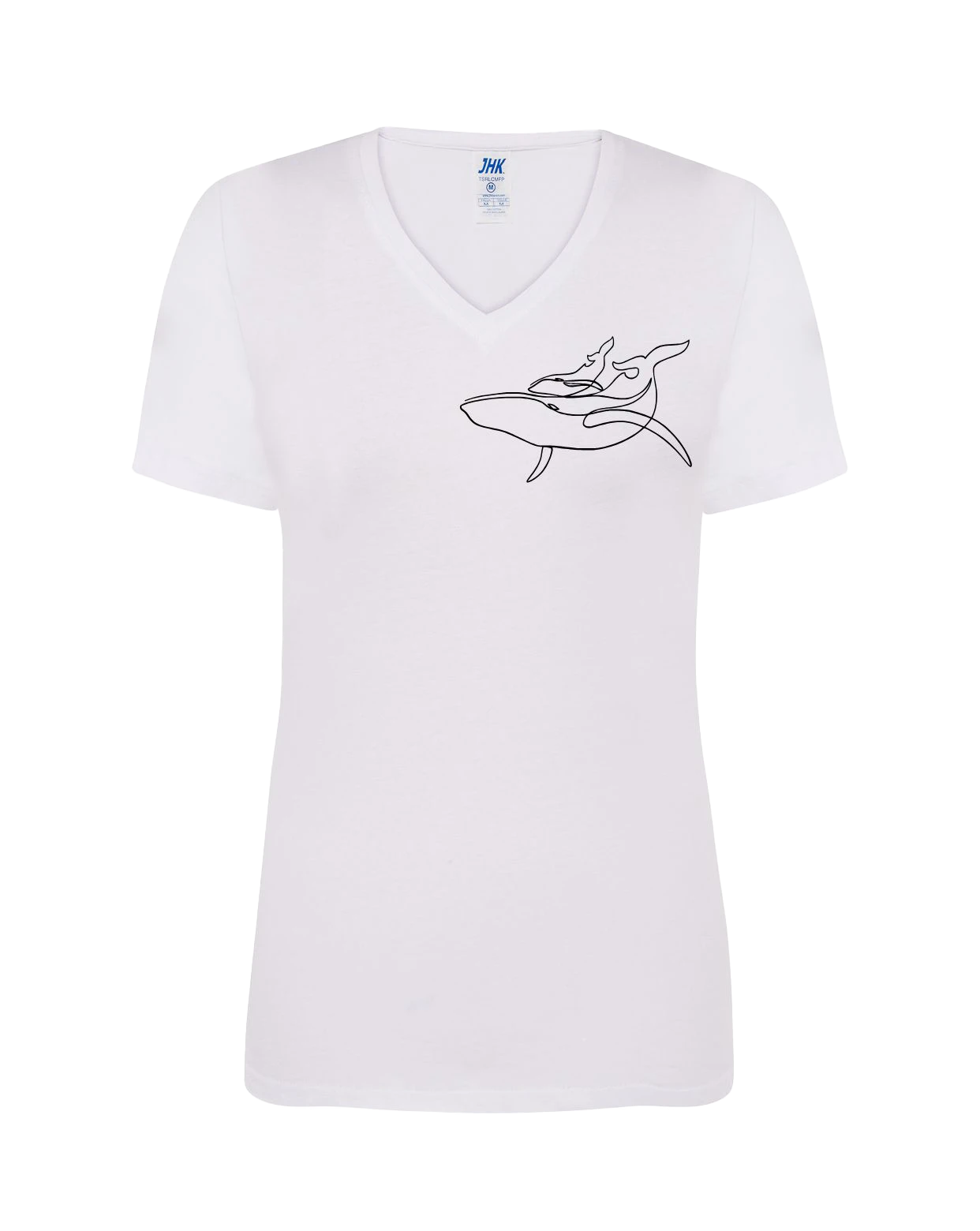 T-shirt femme col V floqué baleine et baleineau 100% coton blanc - Ligne de La Réunion