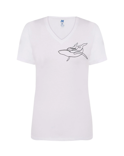 T-shirt femme col V floqué baleine et baleineau 100% coton blanc - Ligne de La Réunion
