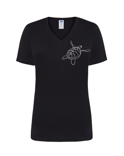 T-shirt femme col V floqué tortue 100% coton noir - Ligne de La Réunion